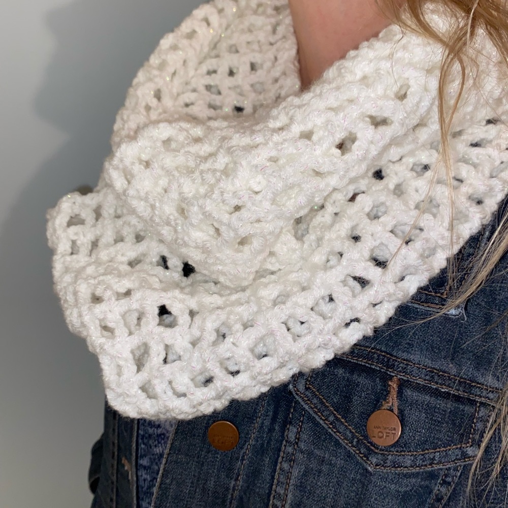 Handmade Crocheted Infinity Scarf White with Metallic Sparkle and Shine - Picture 2 of 7